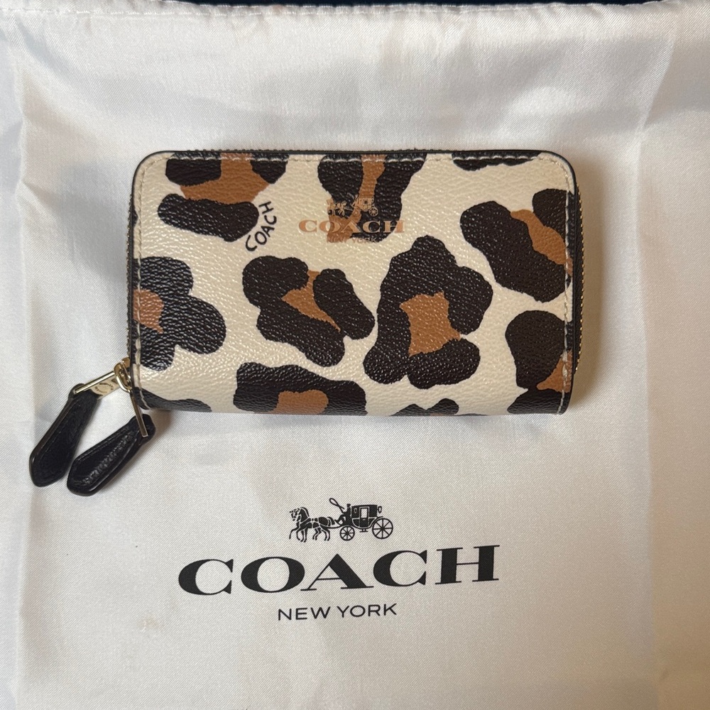 Coach Leopard Print Zip-Around Card Wallet in Cream, Brown, Black